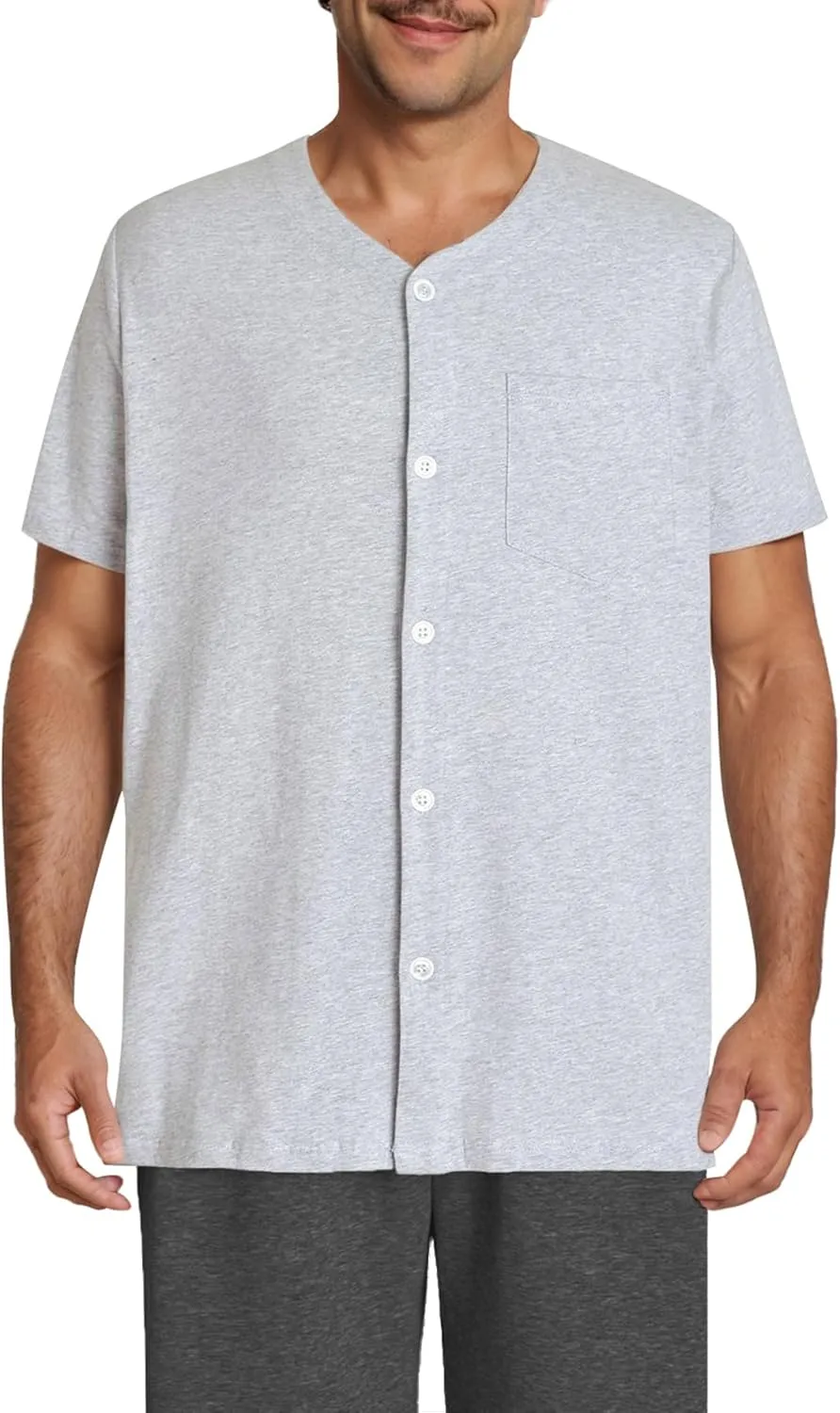 Esenchel Men's Button Up Pajama Shirt Cotton Sleep Top 2 Pack