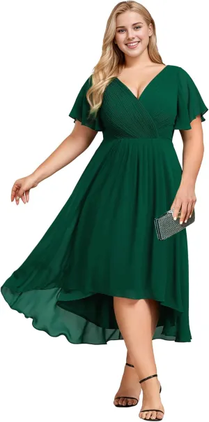Ever-Pretty A Line V Neck Chiffon Short Sleeves High Low Knee Length Plus Size Wedding Guest Dresses for Curvy Women 01923-DA