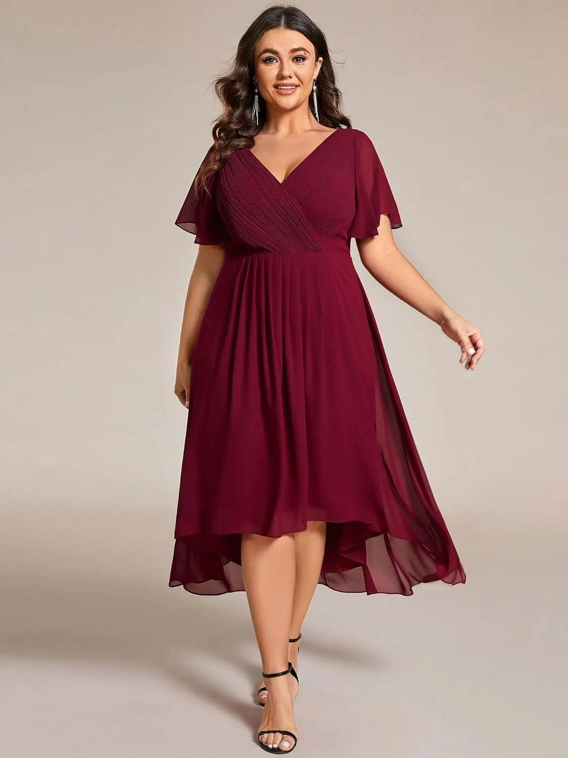 Ever-Pretty A Line V Neck Chiffon Short Sleeves High Low Knee Length Plus Size Wedding Guest Dresses for Curvy Women 01923-DA