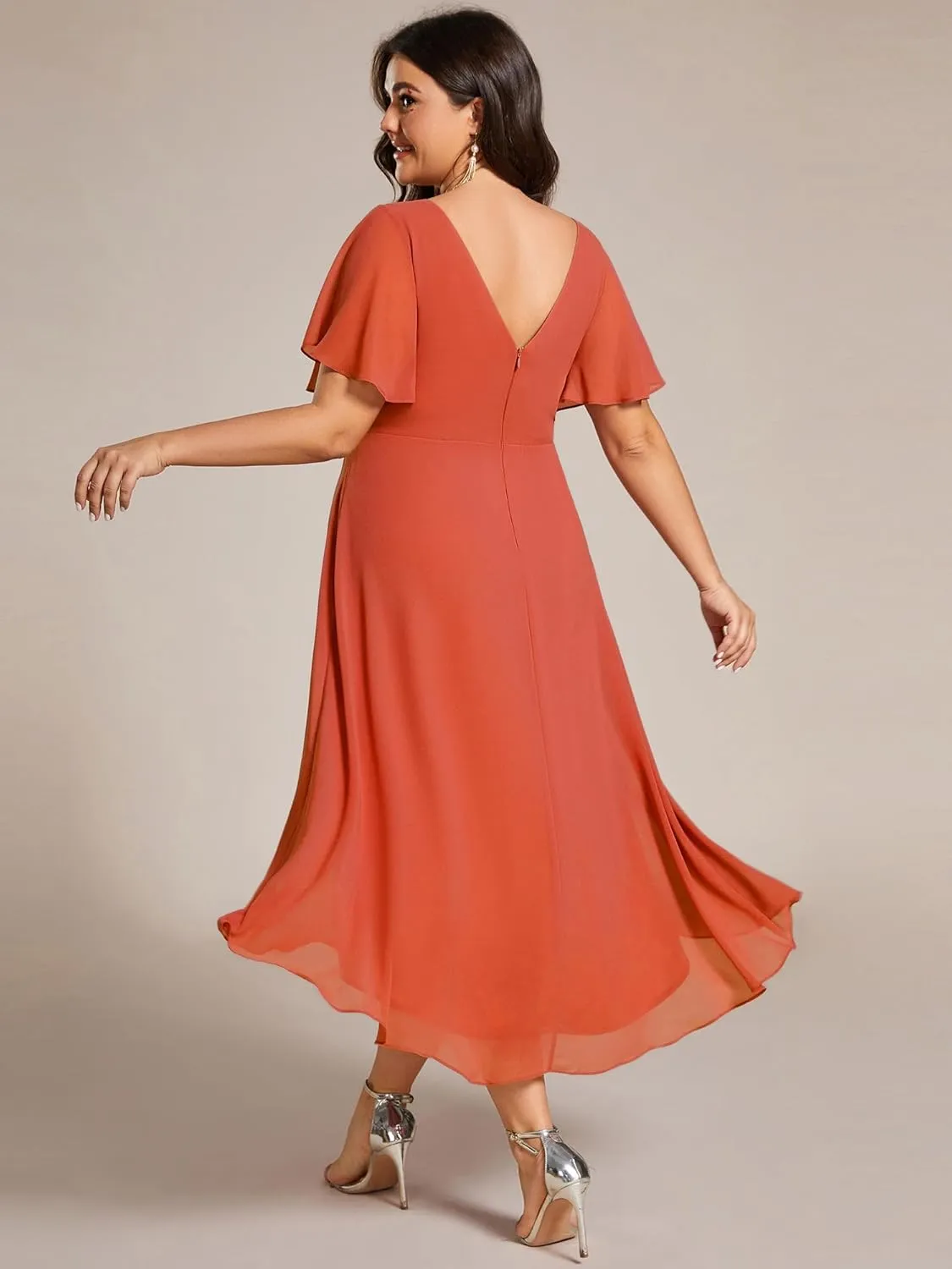 Ever-Pretty A Line V Neck Chiffon Short Sleeves High Low Knee Length Plus Size Wedding Guest Dresses for Curvy Women 01923-DA
