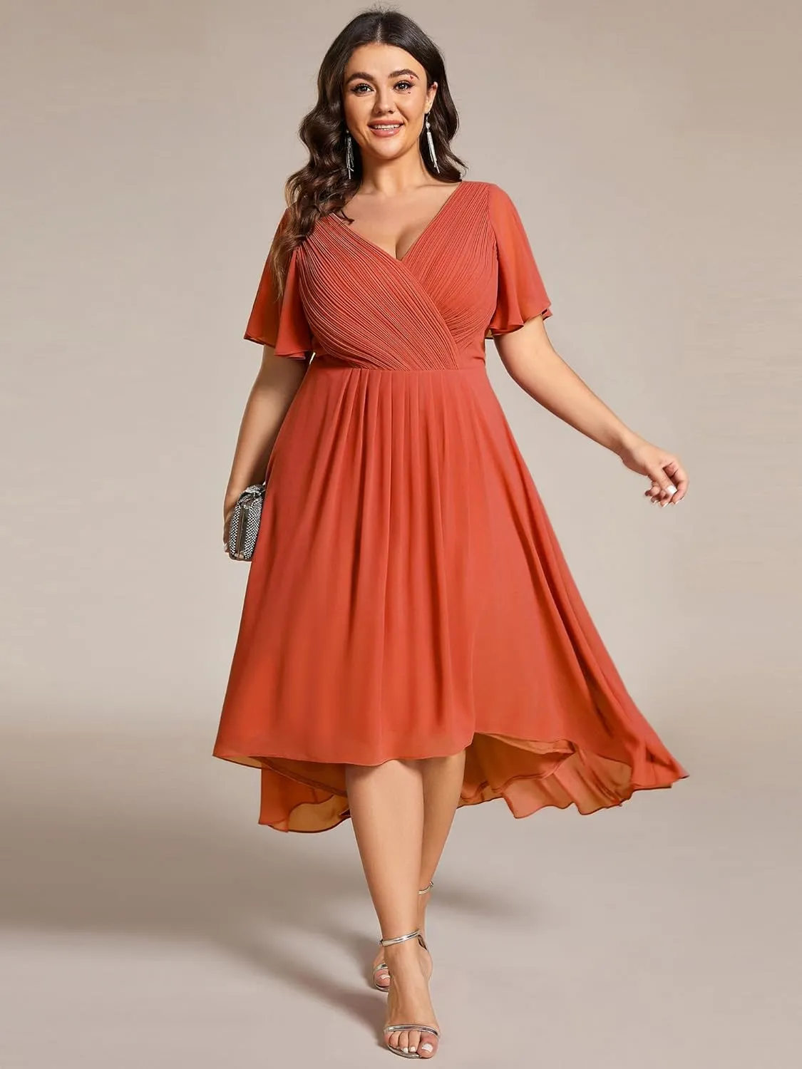Ever-Pretty A Line V Neck Chiffon Short Sleeves High Low Knee Length Plus Size Wedding Guest Dresses for Curvy Women 01923-DA