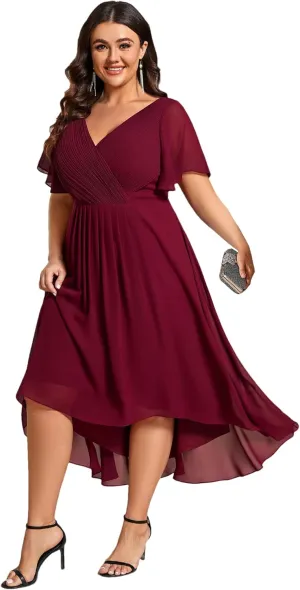 Ever-Pretty A Line V Neck Chiffon Short Sleeves High Low Knee Length Plus Size Wedding Guest Dresses for Curvy Women 01923-DA