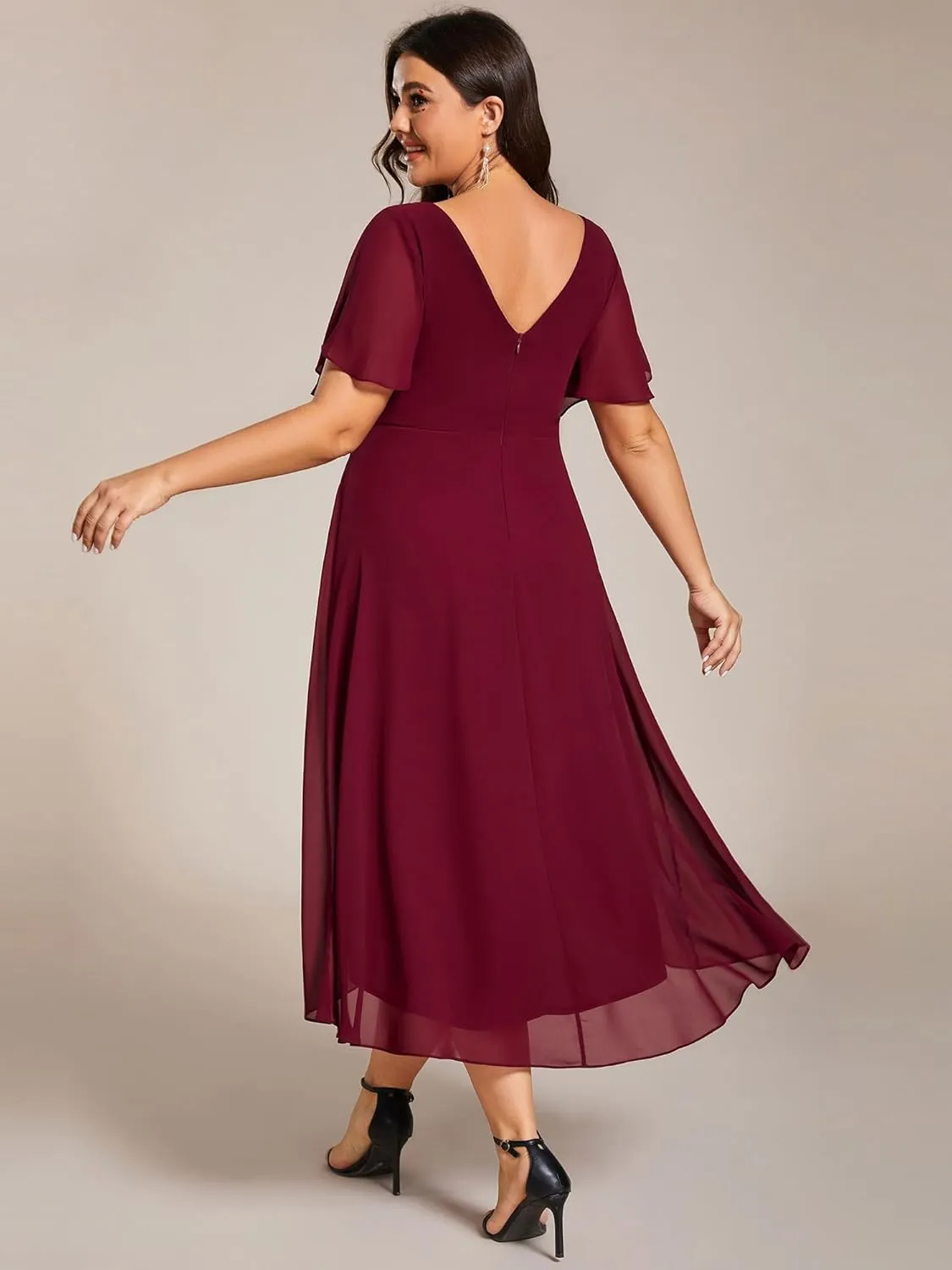 Ever-Pretty A Line V Neck Chiffon Short Sleeves High Low Knee Length Plus Size Wedding Guest Dresses for Curvy Women 01923-DA