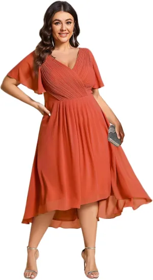 Ever-Pretty A Line V Neck Chiffon Short Sleeves High Low Knee Length Plus Size Wedding Guest Dresses for Curvy Women 01923-DA