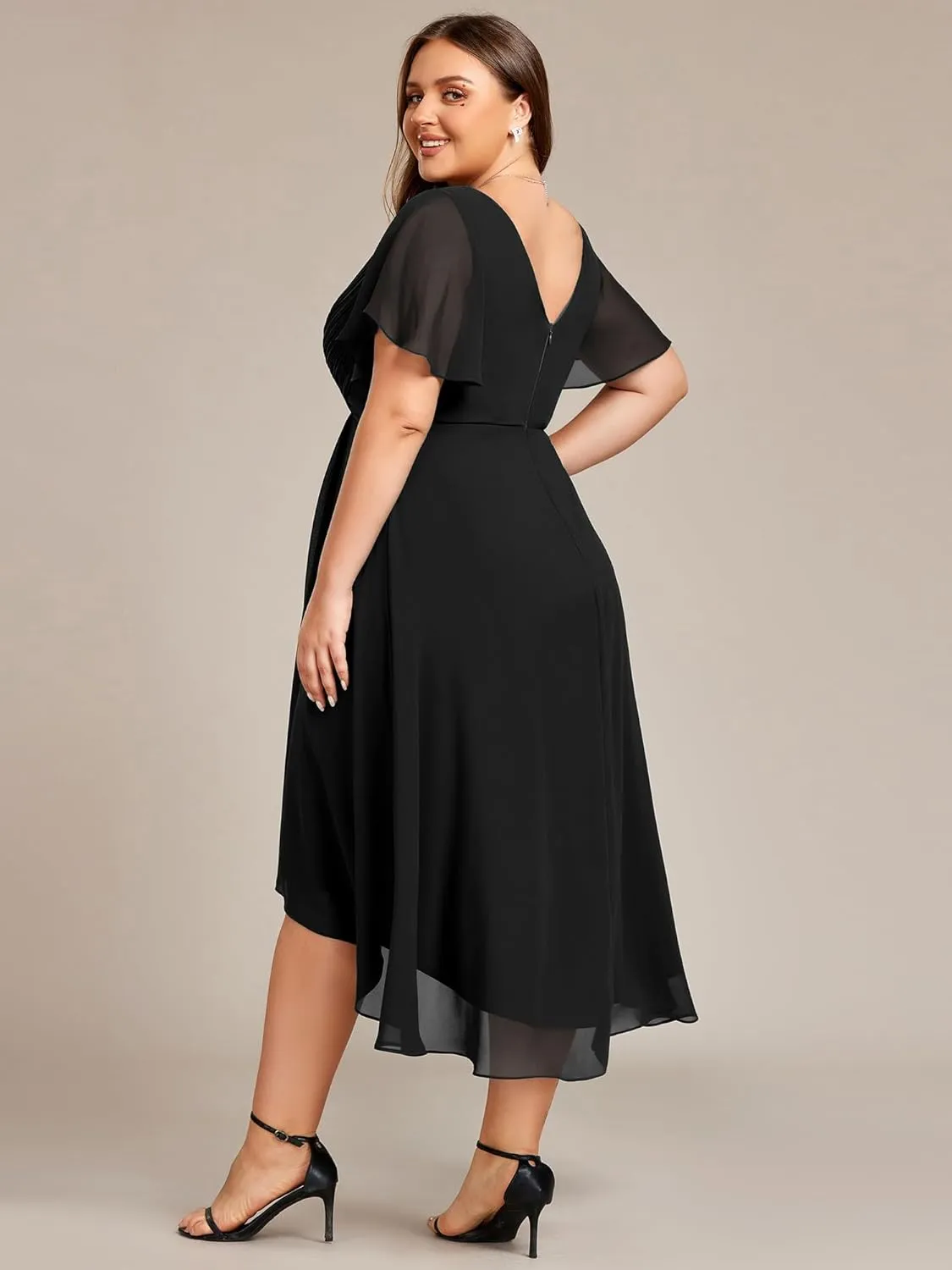 Ever-Pretty A Line V Neck Chiffon Short Sleeves High Low Knee Length Plus Size Wedding Guest Dresses for Curvy Women 01923-DA