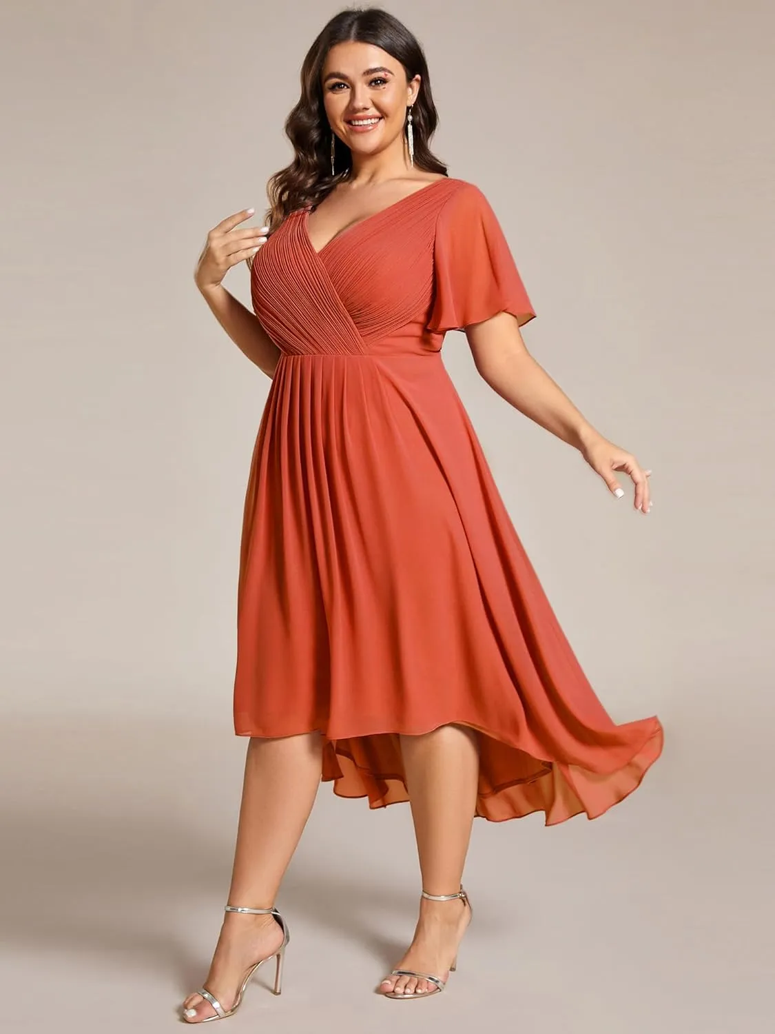 Ever-Pretty A Line V Neck Chiffon Short Sleeves High Low Knee Length Plus Size Wedding Guest Dresses for Curvy Women 01923-DA