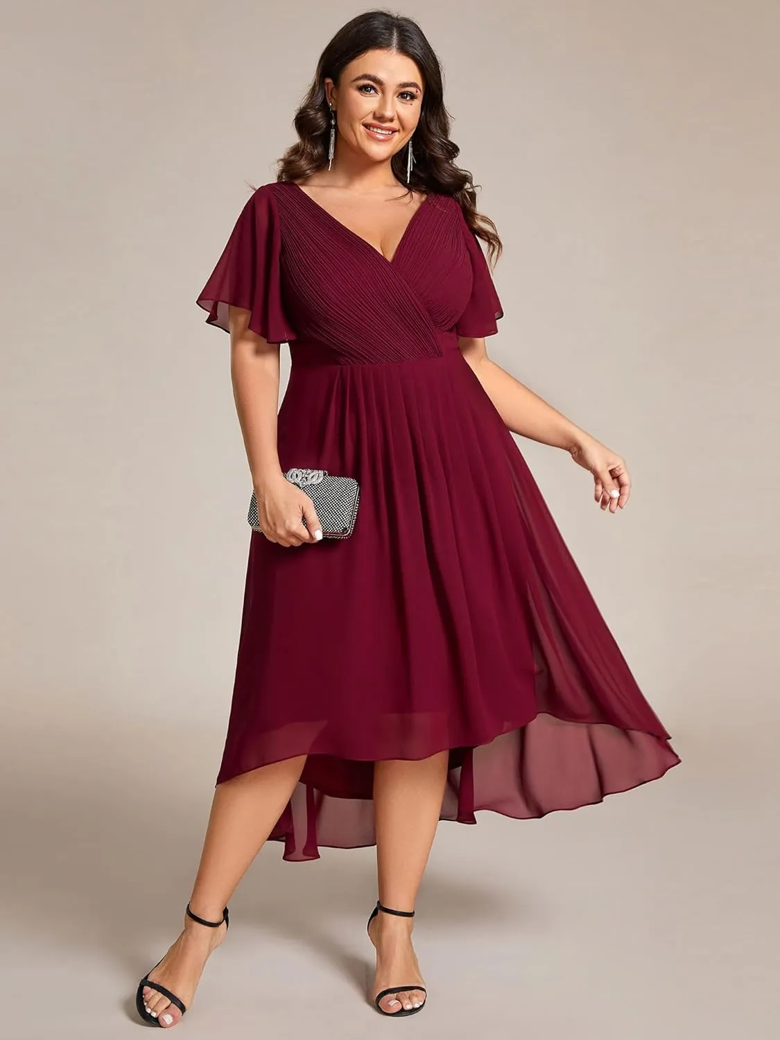Ever-Pretty A Line V Neck Chiffon Short Sleeves High Low Knee Length Plus Size Wedding Guest Dresses for Curvy Women 01923-DA