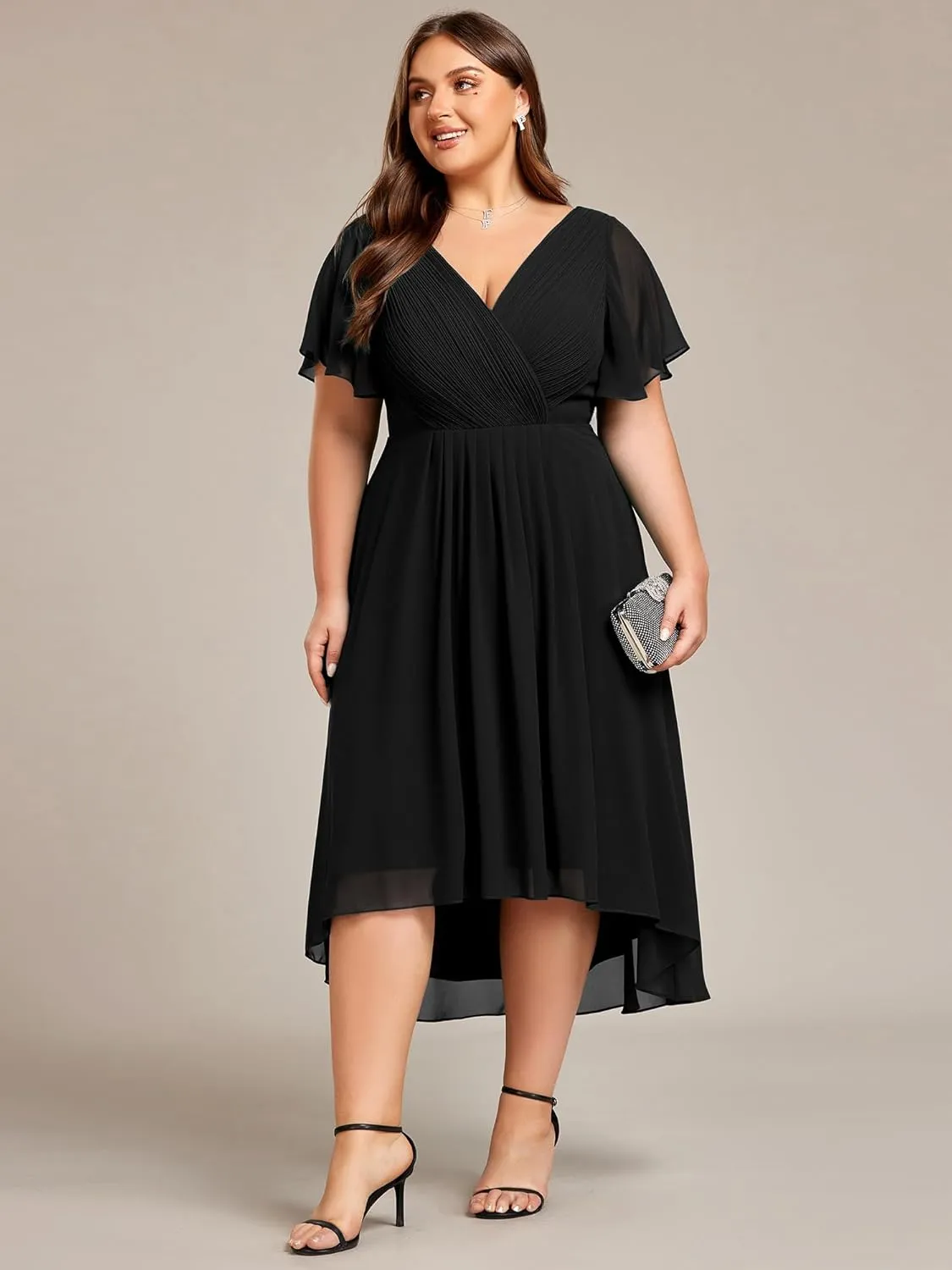 Ever-Pretty A Line V Neck Chiffon Short Sleeves High Low Knee Length Plus Size Wedding Guest Dresses for Curvy Women 01923-DA