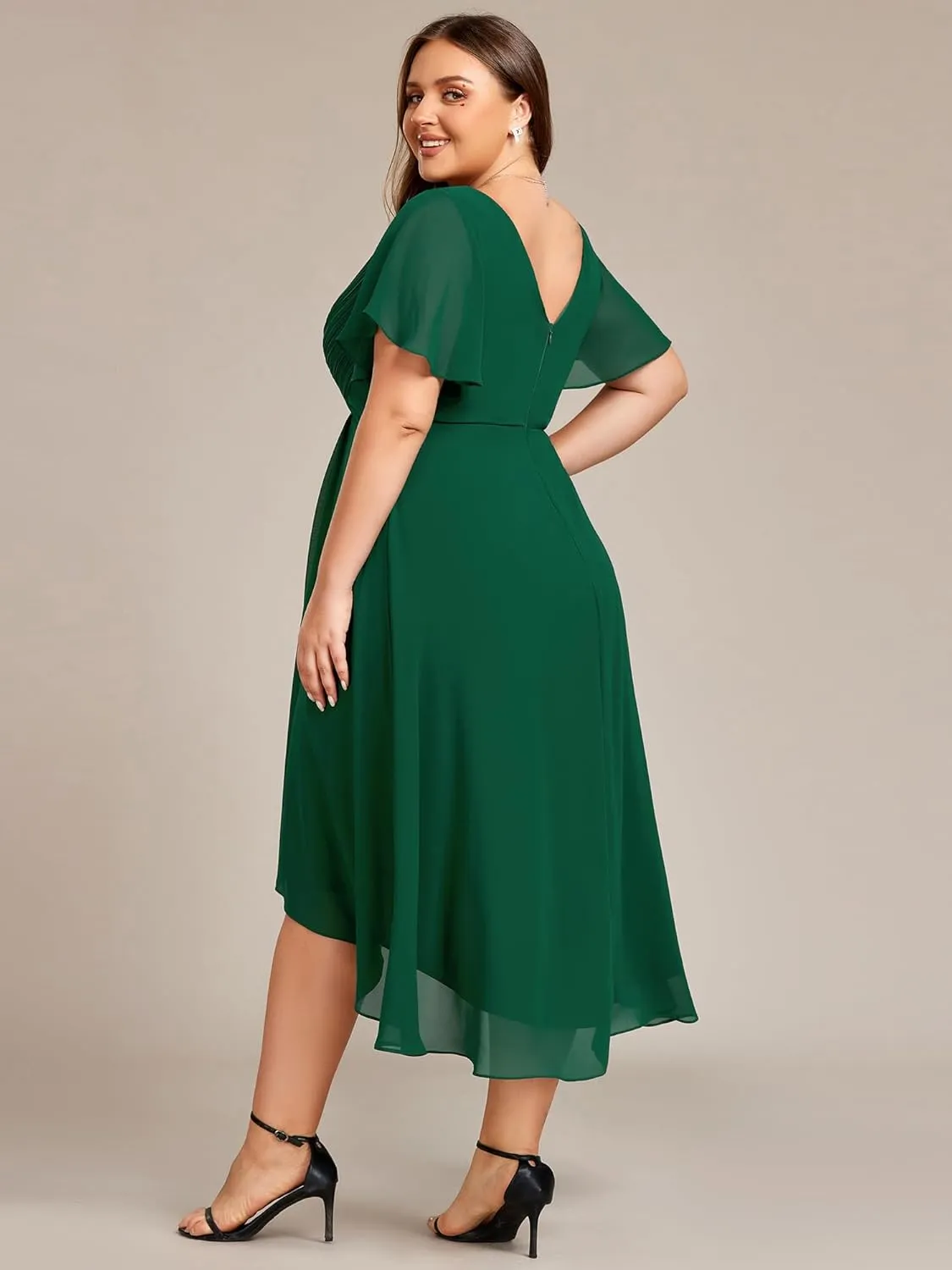 Ever-Pretty A Line V Neck Chiffon Short Sleeves High Low Knee Length Plus Size Wedding Guest Dresses for Curvy Women 01923-DA