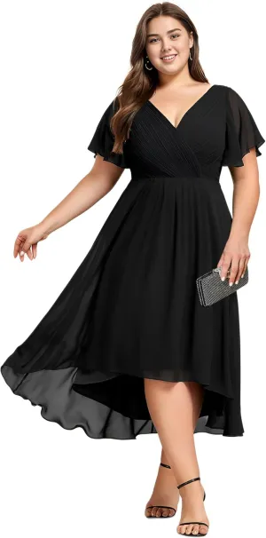 Ever-Pretty A Line V Neck Chiffon Short Sleeves High Low Knee Length Plus Size Wedding Guest Dresses for Curvy Women 01923-DA
