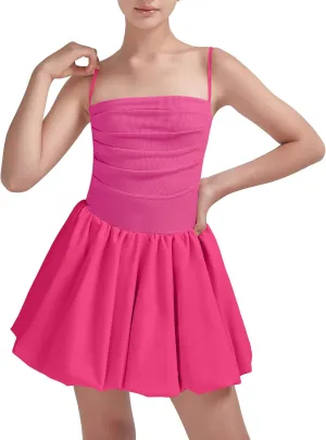 EXARUS Girls Flowy Ruffled Hem/Puff Bubble Dress Ruched Teen Summer Adjustable Spaghetti Strap Casual Cami Mini Dresses
