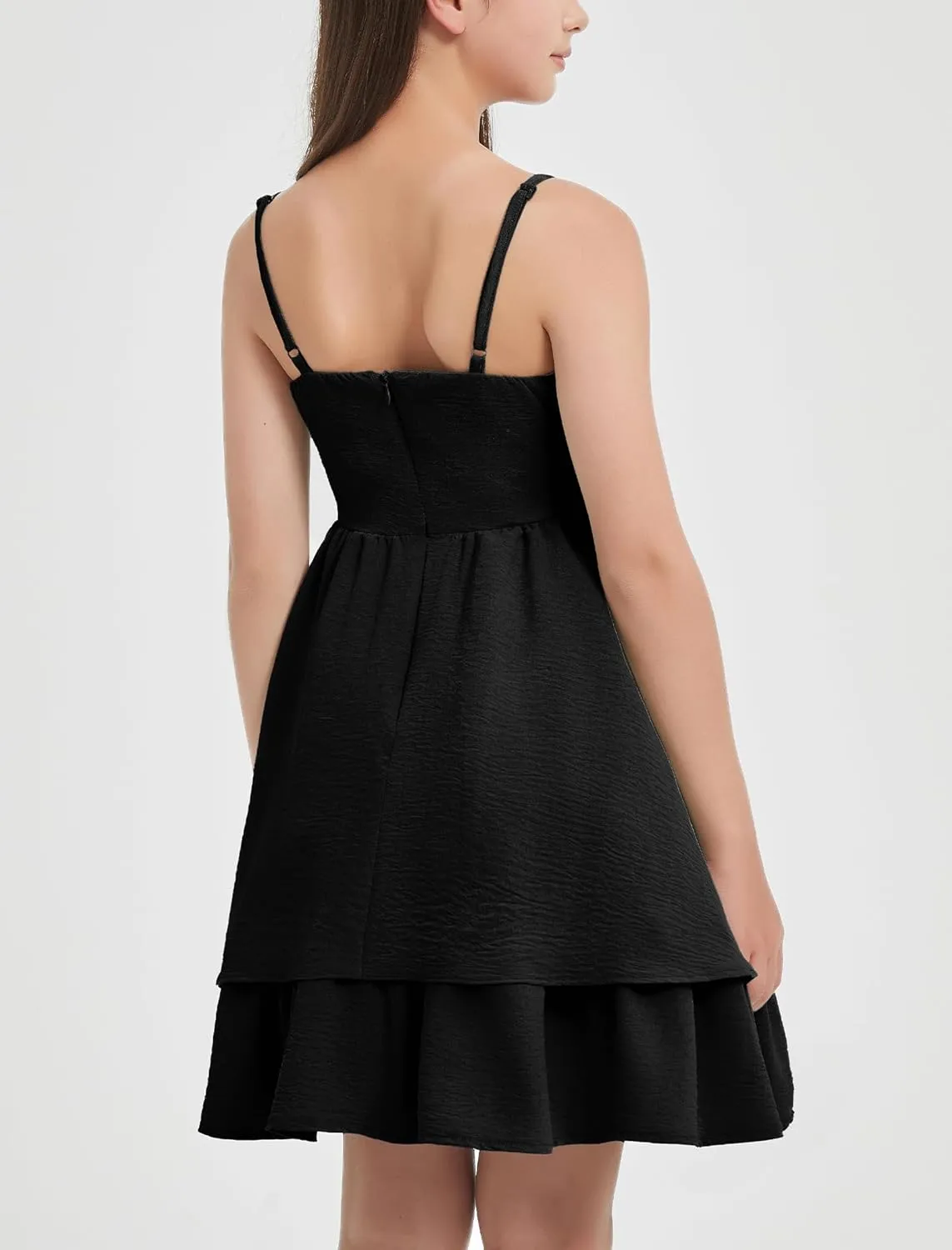 EXARUS Girls Flowy Ruffled Hem/Puff Bubble Dress Ruched Teen Summer Adjustable Spaghetti Strap Casual Cami Mini Dresses