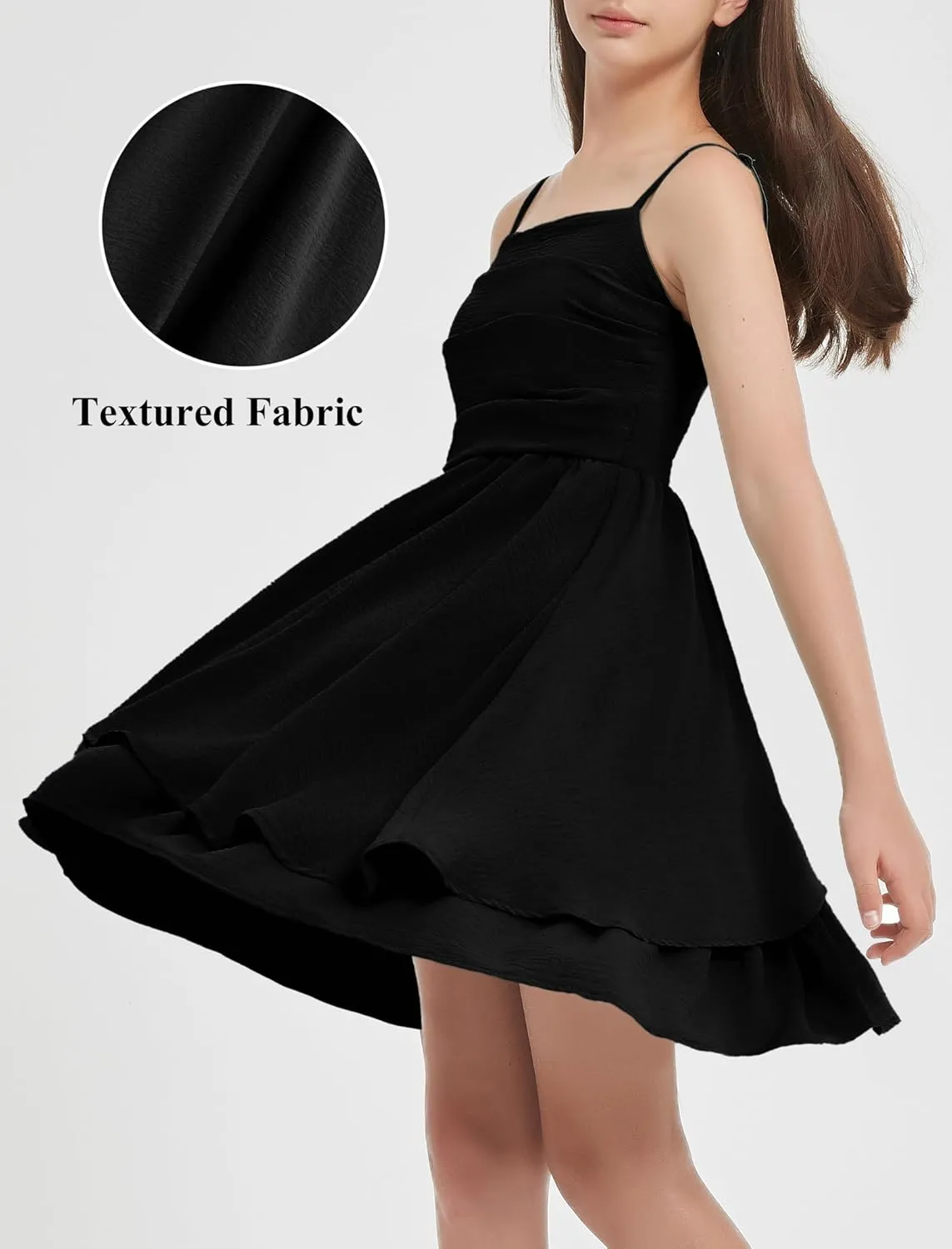 EXARUS Girls Flowy Ruffled Hem/Puff Bubble Dress Ruched Teen Summer Adjustable Spaghetti Strap Casual Cami Mini Dresses