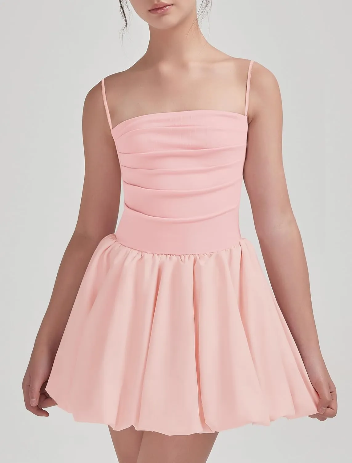 EXARUS Girls Flowy Ruffled Hem/Puff Bubble Dress Ruched Teen Summer Adjustable Spaghetti Strap Casual Cami Mini Dresses