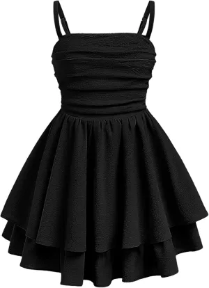 EXARUS Girls Flowy Ruffled Hem/Puff Bubble Dress Ruched Teen Summer Adjustable Spaghetti Strap Casual Cami Mini Dresses