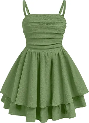 EXARUS Girls Flowy Ruffled Hem/Puff Bubble Dress Ruched Teen Summer Adjustable Spaghetti Strap Casual Cami Mini Dresses