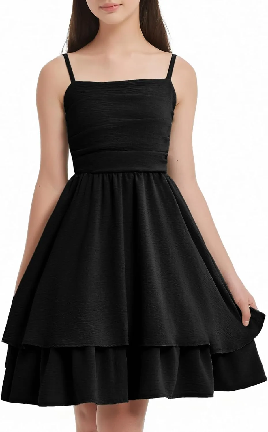 EXARUS Girls Flowy Ruffled Hem/Puff Bubble Dress Ruched Teen Summer Adjustable Spaghetti Strap Casual Cami Mini Dresses