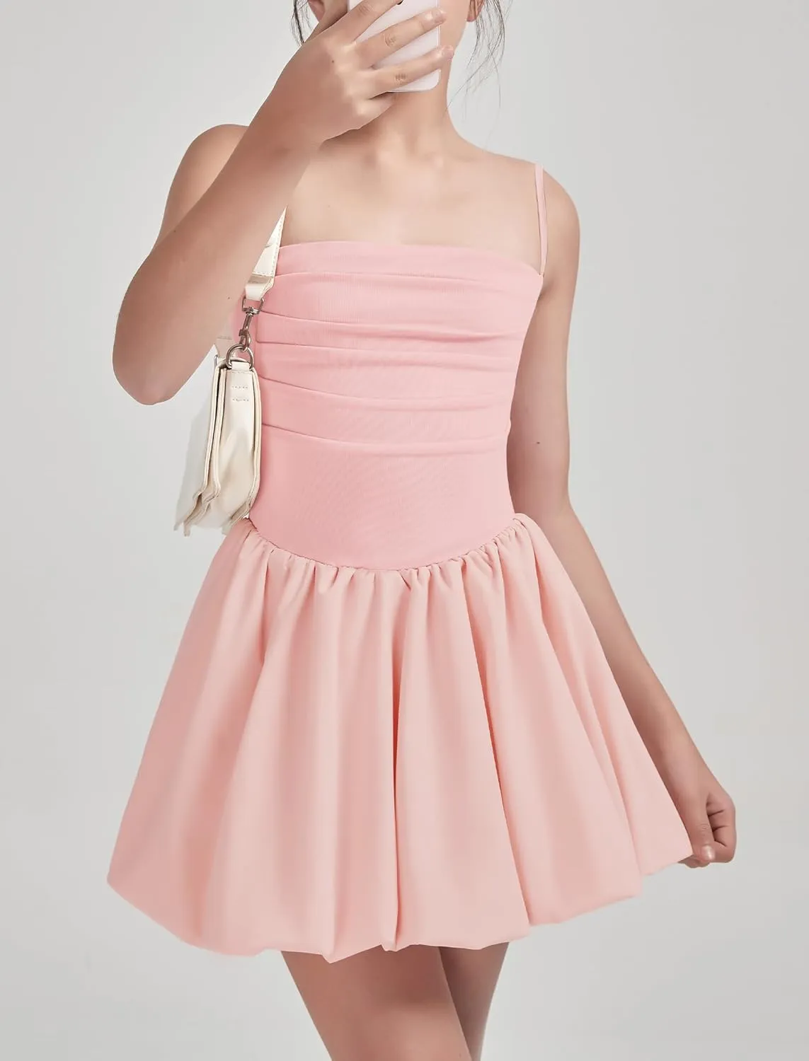 EXARUS Girls Flowy Ruffled Hem/Puff Bubble Dress Ruched Teen Summer Adjustable Spaghetti Strap Casual Cami Mini Dresses