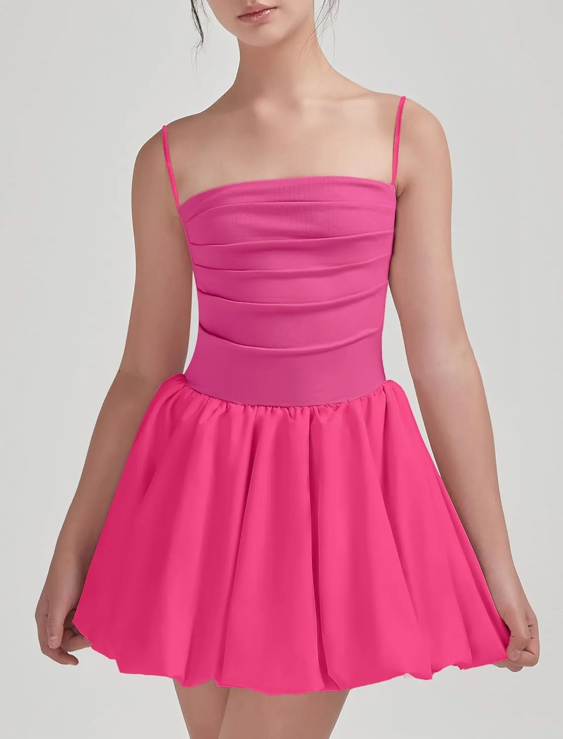 EXARUS Girls Flowy Ruffled Hem/Puff Bubble Dress Ruched Teen Summer Adjustable Spaghetti Strap Casual Cami Mini Dresses