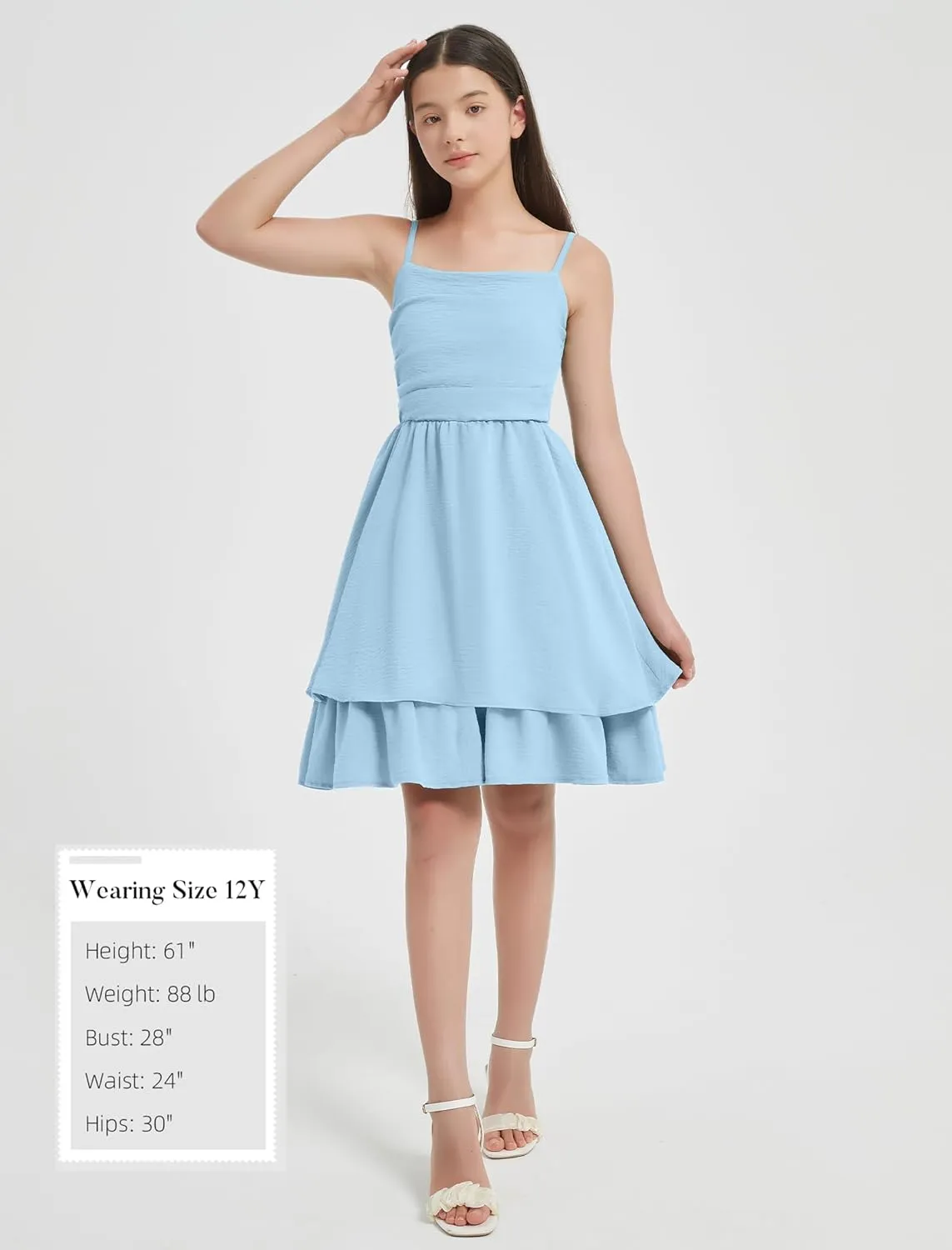 EXARUS Girls Flowy Ruffled Hem/Puff Bubble Dress Ruched Teen Summer Adjustable Spaghetti Strap Casual Cami Mini Dresses