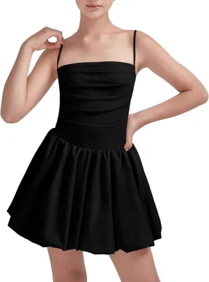 EXARUS Girls Flowy Ruffled Hem/Puff Bubble Dress Ruched Teen Summer Adjustable Spaghetti Strap Casual Cami Mini Dresses