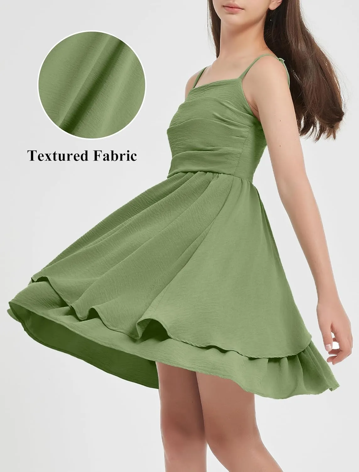 EXARUS Girls Flowy Ruffled Hem/Puff Bubble Dress Ruched Teen Summer Adjustable Spaghetti Strap Casual Cami Mini Dresses