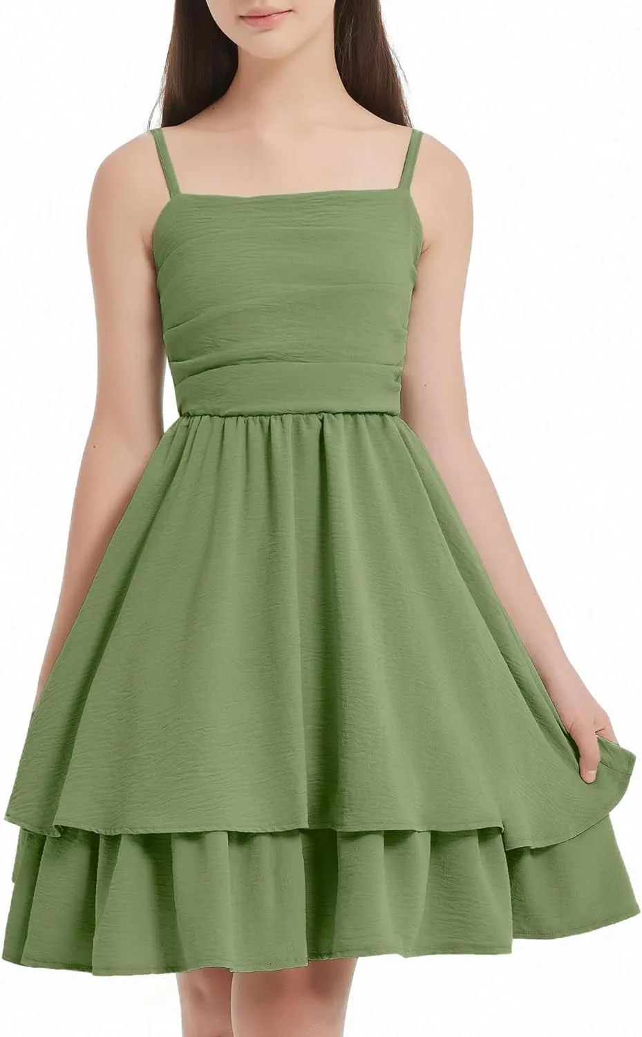 EXARUS Girls Flowy Ruffled Hem/Puff Bubble Dress Ruched Teen Summer Adjustable Spaghetti Strap Casual Cami Mini Dresses