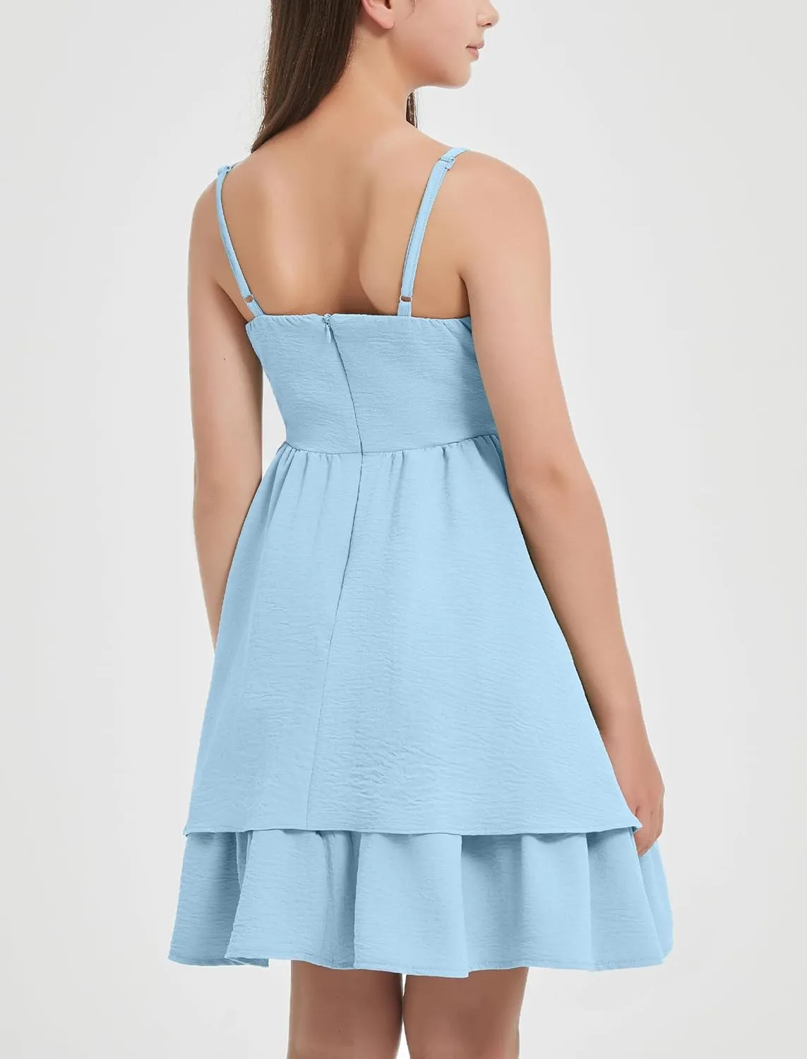 EXARUS Girls Flowy Ruffled Hem/Puff Bubble Dress Ruched Teen Summer Adjustable Spaghetti Strap Casual Cami Mini Dresses