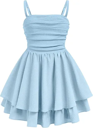 EXARUS Girls Flowy Ruffled Hem/Puff Bubble Dress Ruched Teen Summer Adjustable Spaghetti Strap Casual Cami Mini Dresses