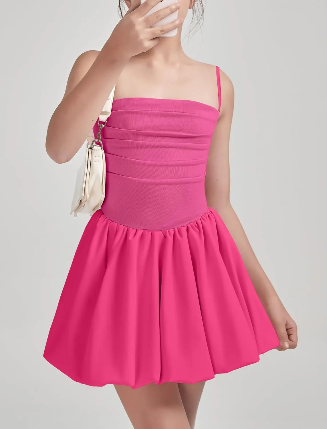 EXARUS Girls Flowy Ruffled Hem/Puff Bubble Dress Ruched Teen Summer Adjustable Spaghetti Strap Casual Cami Mini Dresses