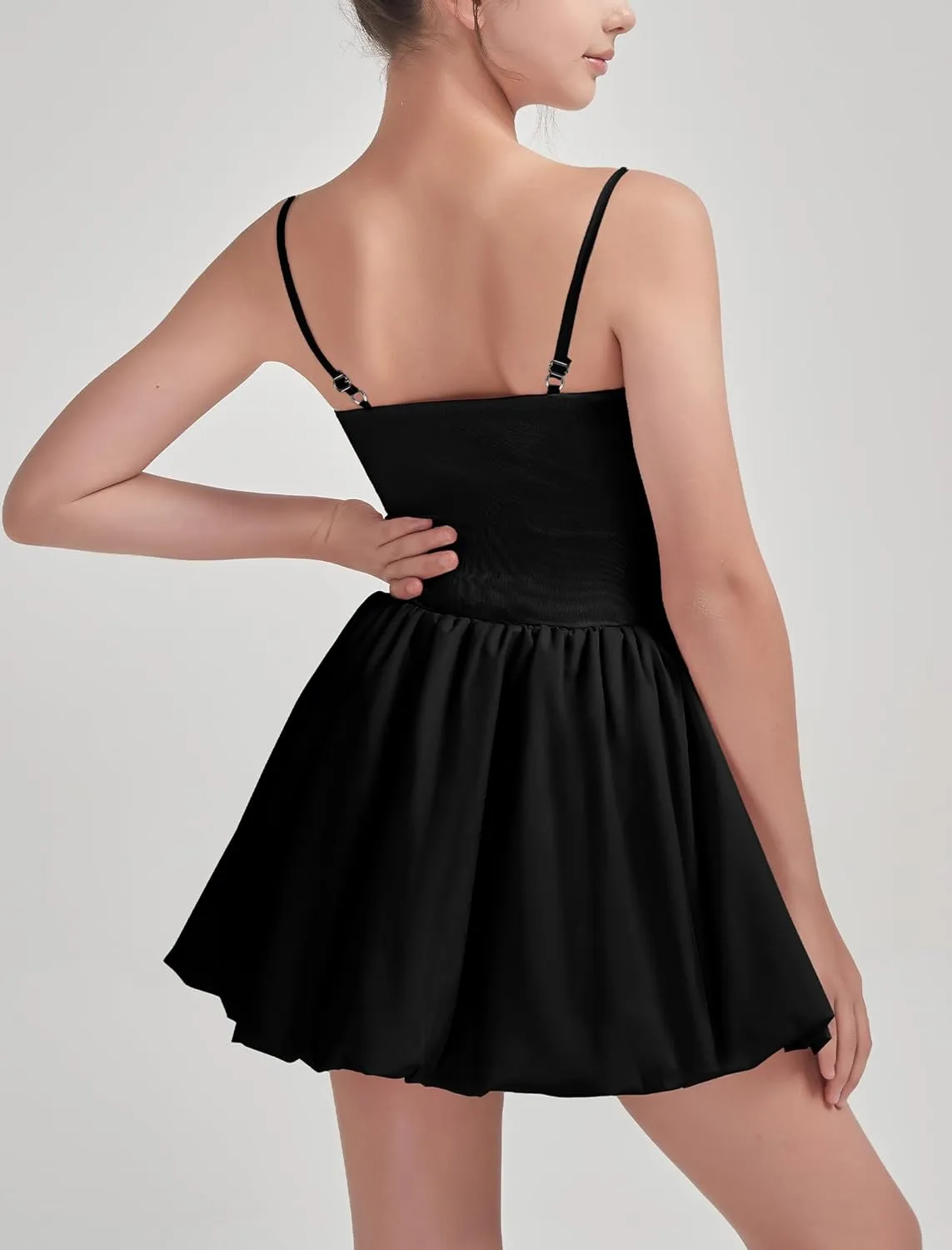 EXARUS Girls Flowy Ruffled Hem/Puff Bubble Dress Ruched Teen Summer Adjustable Spaghetti Strap Casual Cami Mini Dresses
