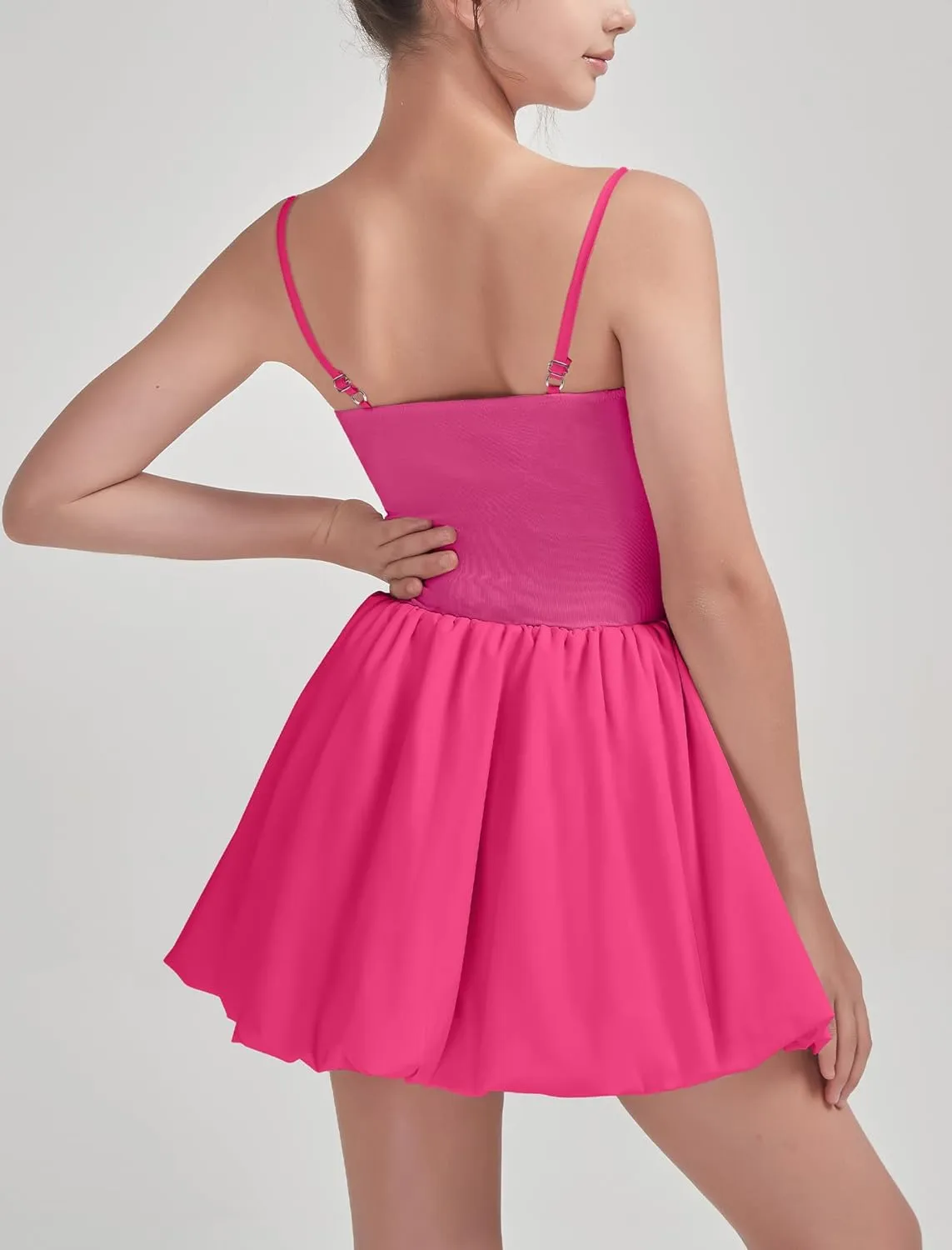 EXARUS Girls Flowy Ruffled Hem/Puff Bubble Dress Ruched Teen Summer Adjustable Spaghetti Strap Casual Cami Mini Dresses