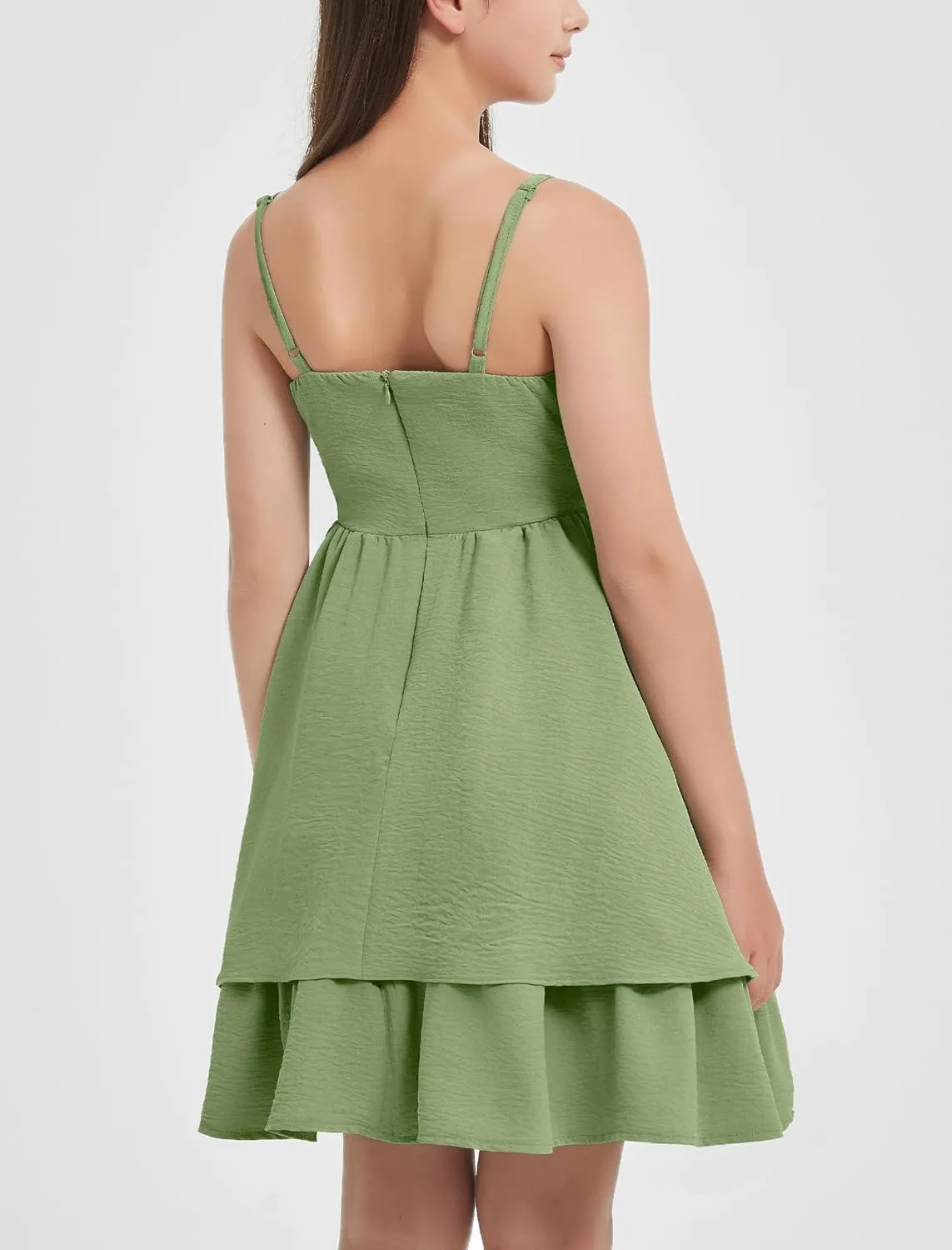 EXARUS Girls Flowy Ruffled Hem/Puff Bubble Dress Ruched Teen Summer Adjustable Spaghetti Strap Casual Cami Mini Dresses