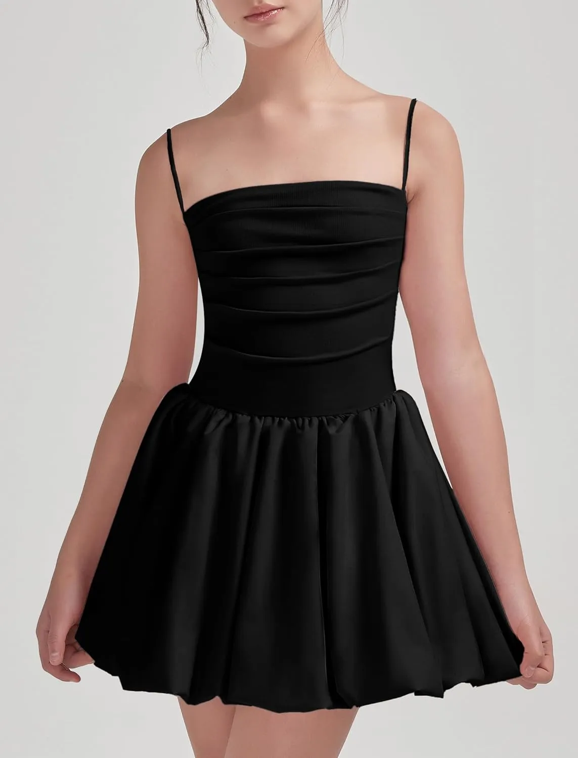 EXARUS Girls Flowy Ruffled Hem/Puff Bubble Dress Ruched Teen Summer Adjustable Spaghetti Strap Casual Cami Mini Dresses