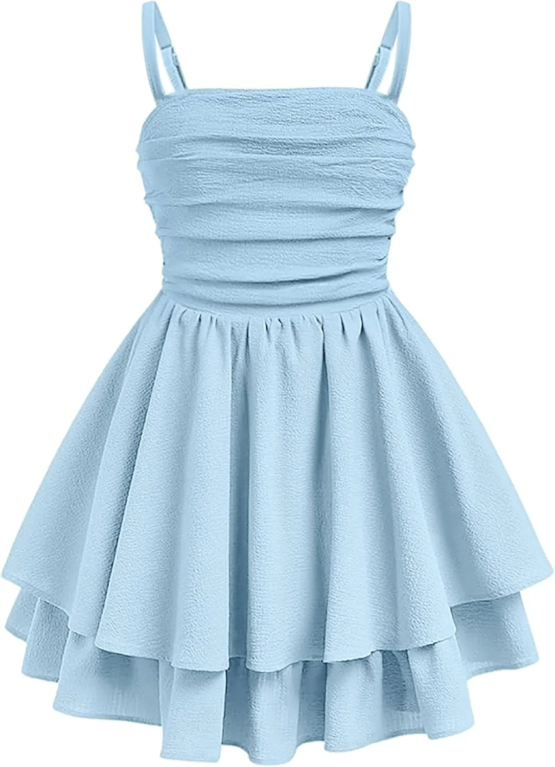 EXARUS Girls Flowy Ruffled Hem/Puff Bubble Dress Ruched Teen Summer Adjustable Spaghetti Strap Casual Cami Mini Dresses