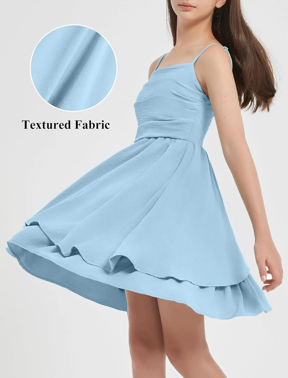 EXARUS Girls Flowy Ruffled Hem/Puff Bubble Dress Ruched Teen Summer Adjustable Spaghetti Strap Casual Cami Mini Dresses