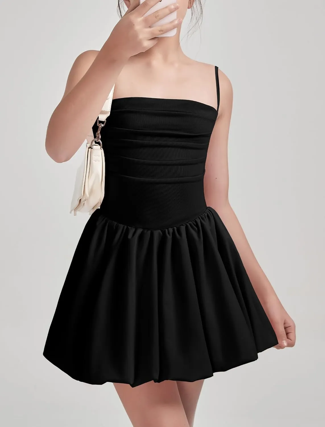 EXARUS Girls Flowy Ruffled Hem/Puff Bubble Dress Ruched Teen Summer Adjustable Spaghetti Strap Casual Cami Mini Dresses