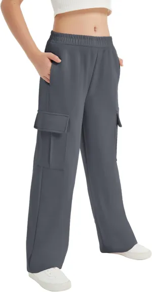 EXARUS Girls Sweatpants with Cargo Pockets Elastic Waistband Wide Leg Causal Kids High Waisted Pants 6-14Y