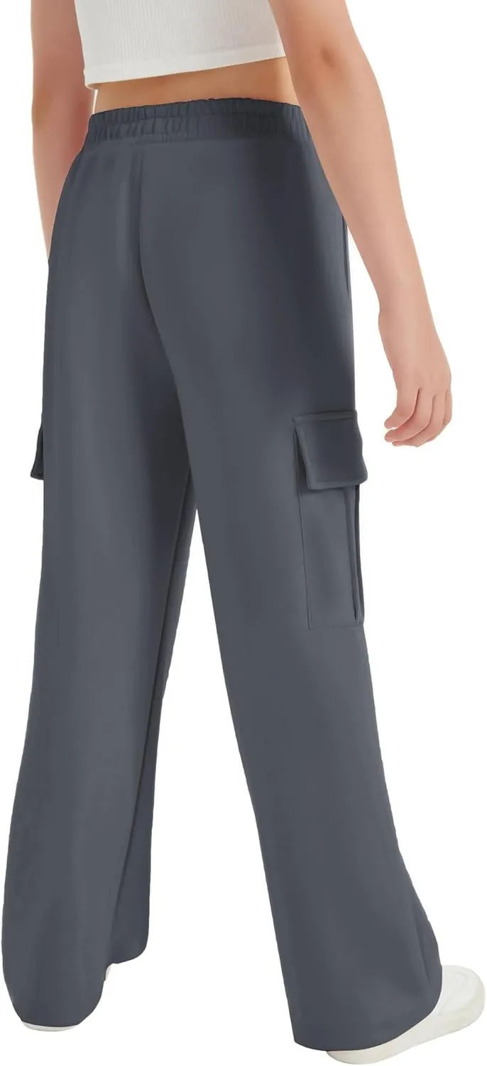 EXARUS Girls Sweatpants with Cargo Pockets Elastic Waistband Wide Leg Causal Kids High Waisted Pants 6-14Y