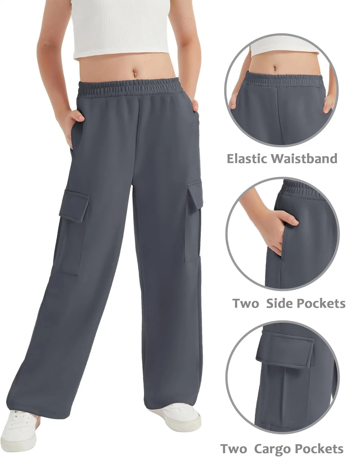 EXARUS Girls Sweatpants with Cargo Pockets Elastic Waistband Wide Leg Causal Kids High Waisted Pants 6-14Y