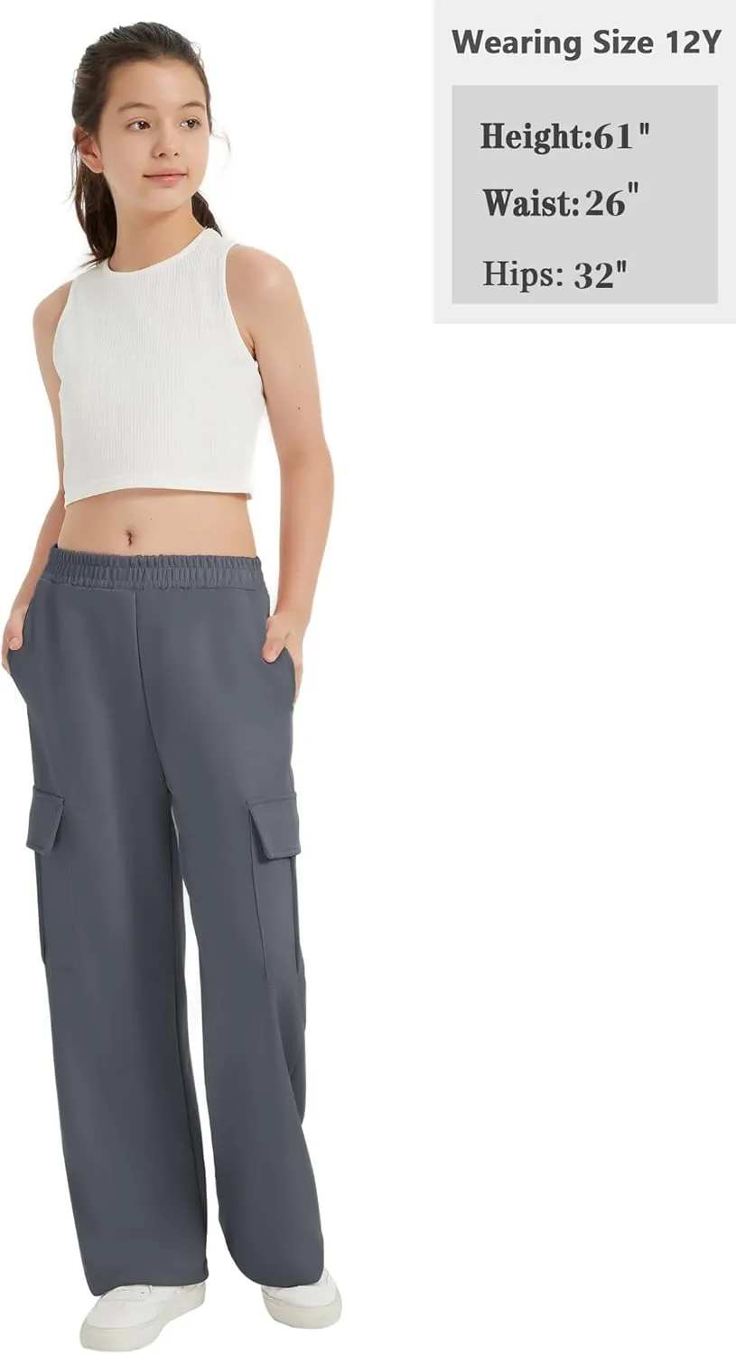 EXARUS Girls Sweatpants with Cargo Pockets Elastic Waistband Wide Leg Causal Kids High Waisted Pants 6-14Y