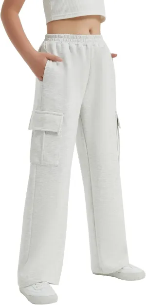 EXARUS Girls Sweatpants with Cargo Pockets Elastic Waistband Wide Leg Causal Kids High Waisted Pants 6-14Y