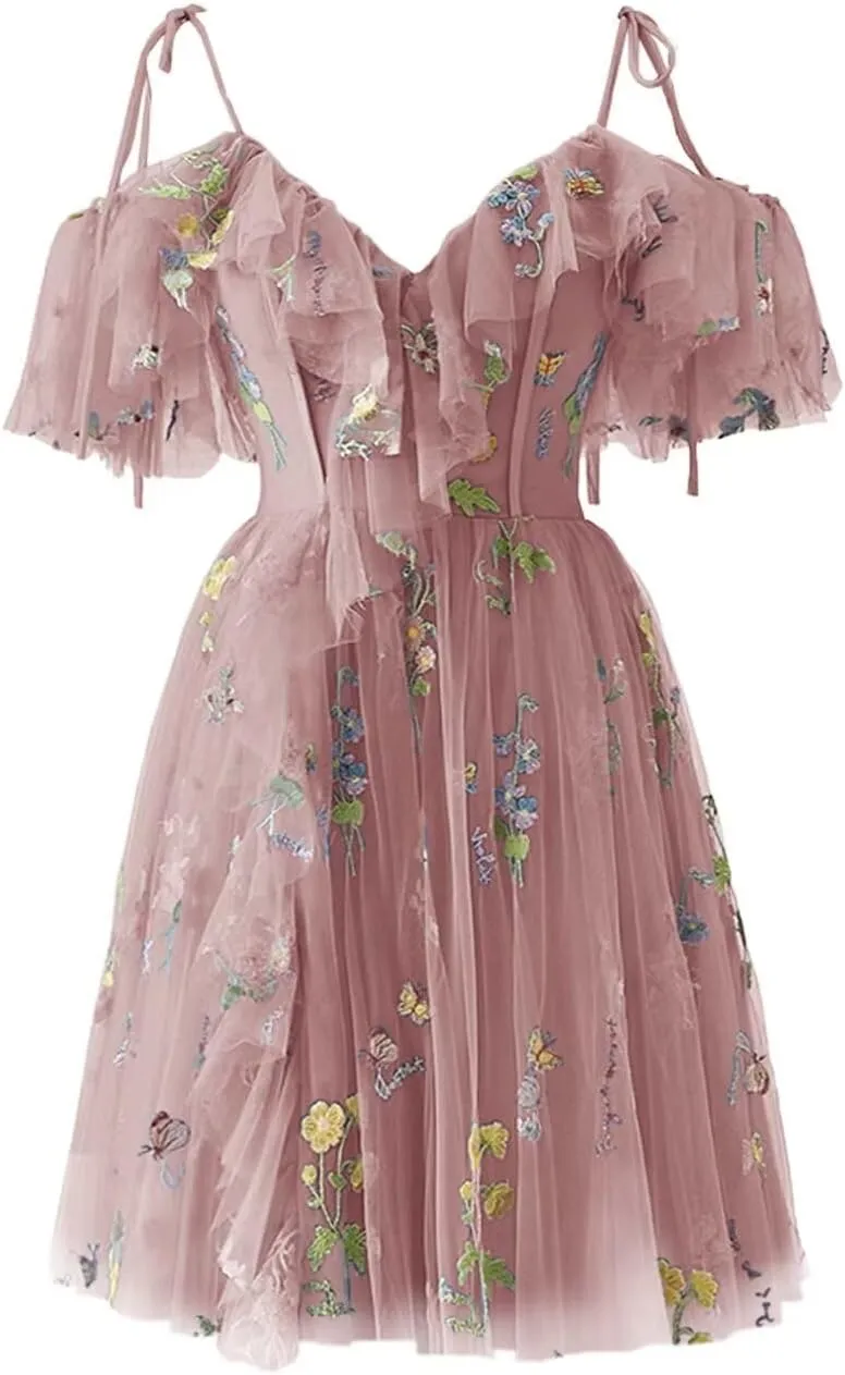 Fivsole Teens' Flower Embroidery Short Homecoming Dress Tulle Cold Shoulder Mini Formal Cocktail Evening Party Floral Gowns