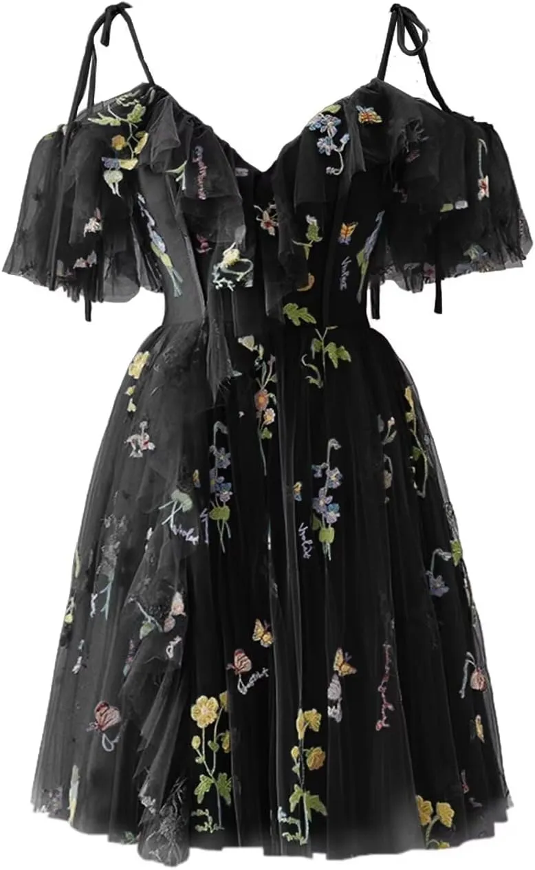 Fivsole Teens' Flower Embroidery Short Homecoming Dress Tulle Cold Shoulder Mini Formal Cocktail Evening Party Floral Gowns