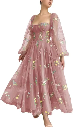 Fivsole Women's Puffy Long Sleeve Prom Dress Short Flower Embroidery Lace Tea-Length Formal Tulle Evening Party Gowns