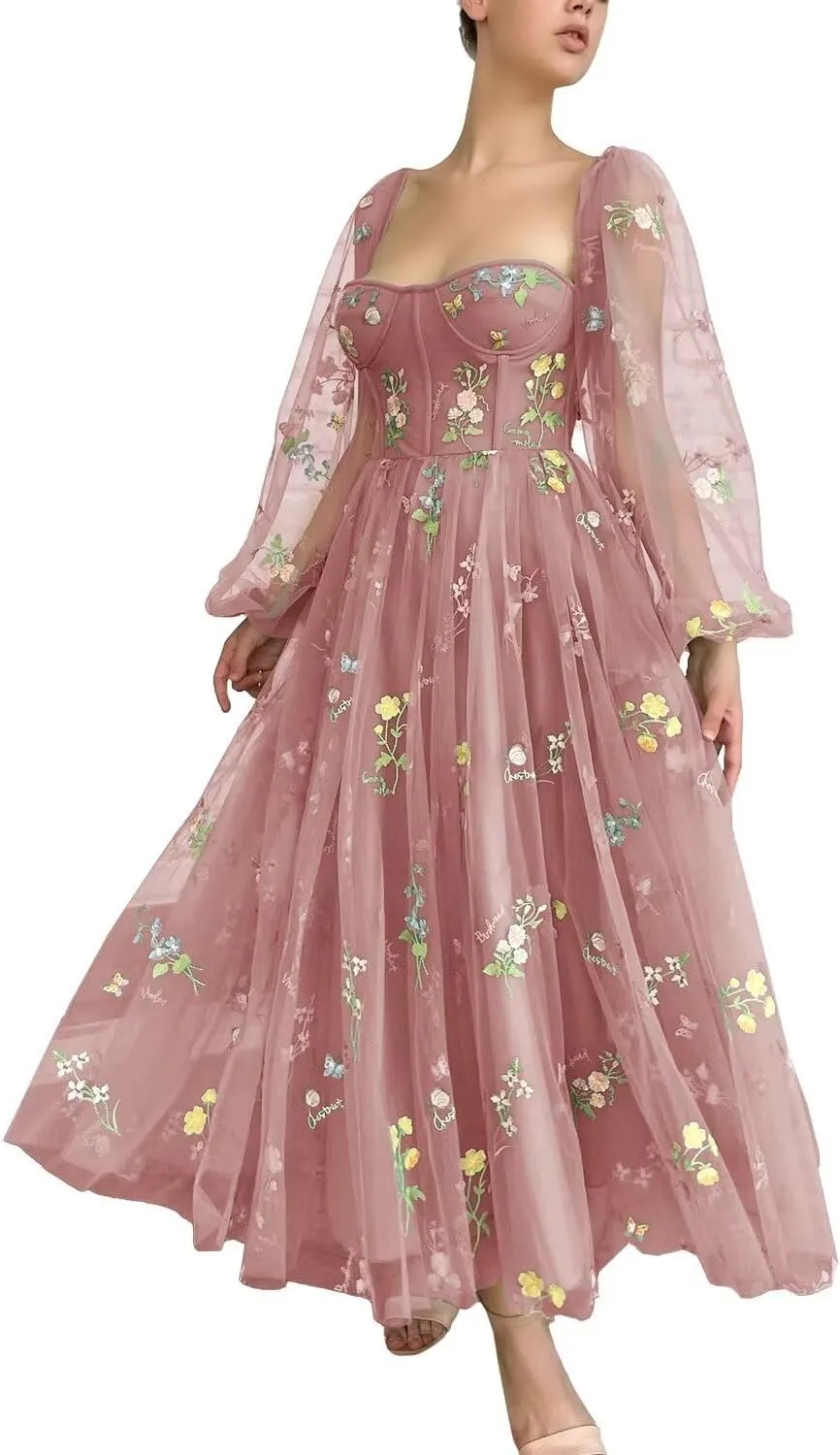 Fivsole Women's Puffy Long Sleeve Prom Dress Short Flower Embroidery Lace Tea-Length Formal Tulle Evening Party Gowns