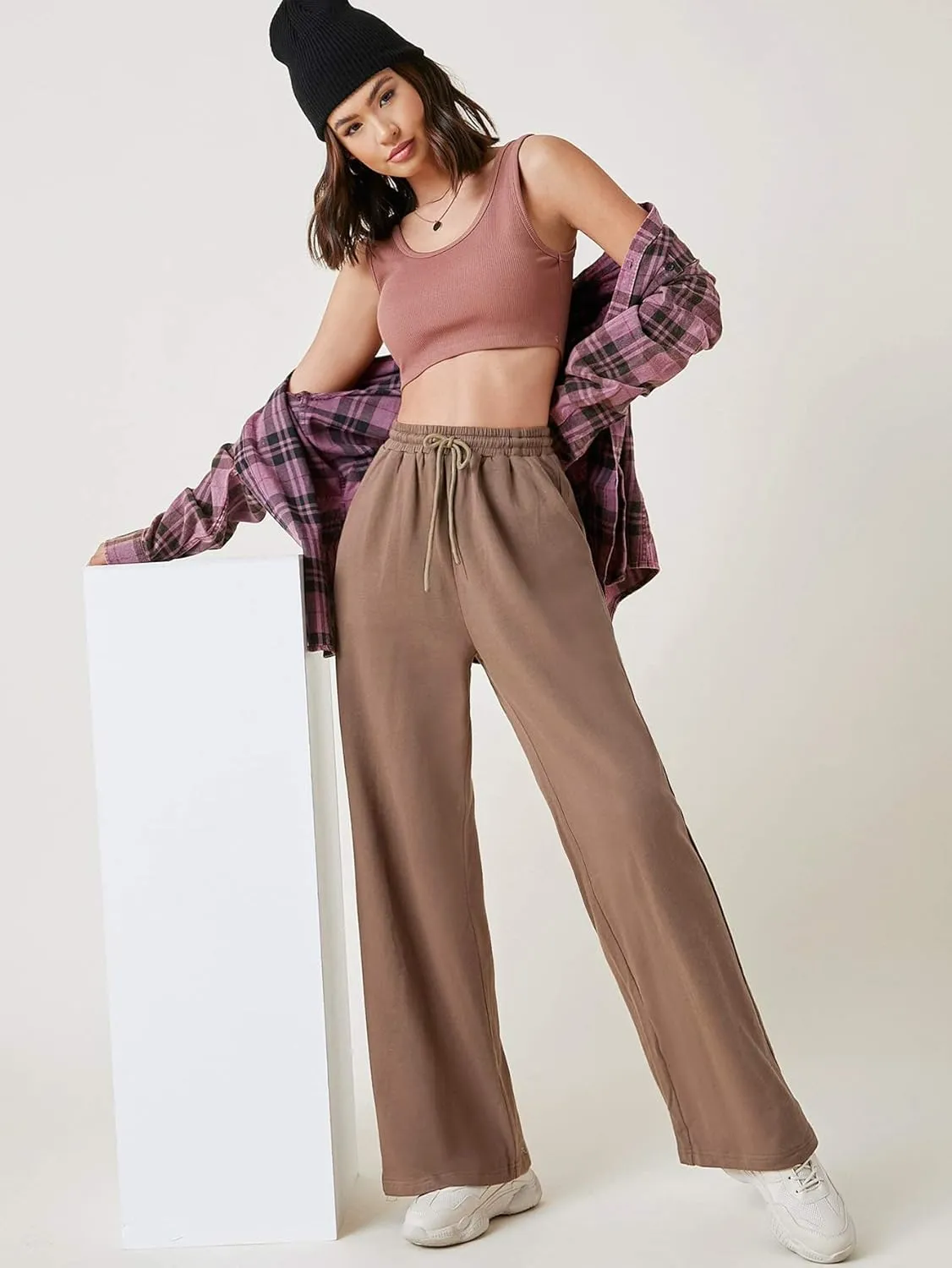 Floerns Womens Fall Drawstring High Waist Wide Leg Pants Sweatpants