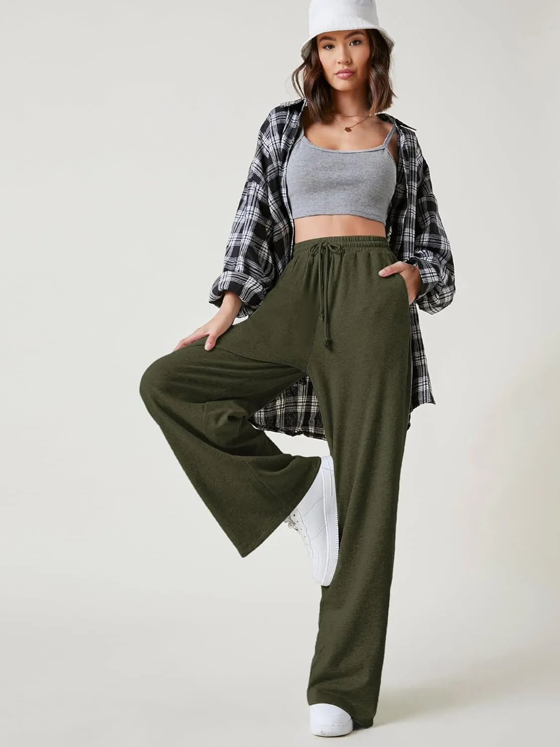 Floerns Womens Fall Drawstring High Waist Wide Leg Pants Sweatpants
