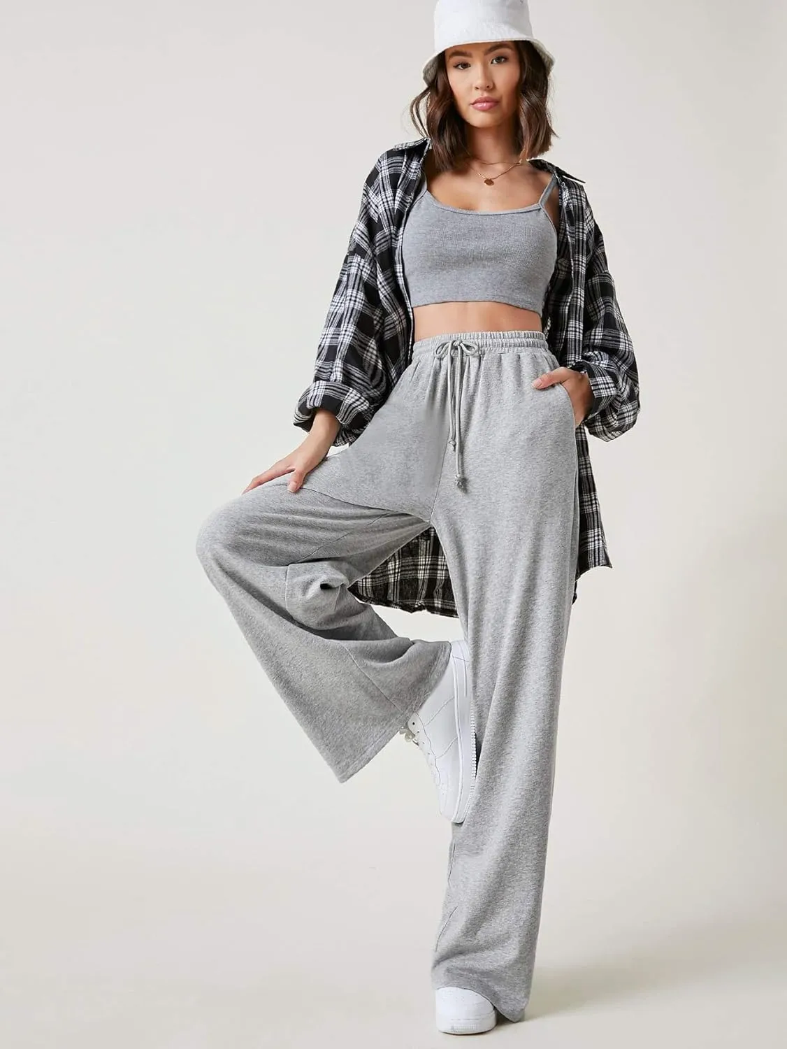 Floerns Womens Fall Drawstring High Waist Wide Leg Pants Sweatpants