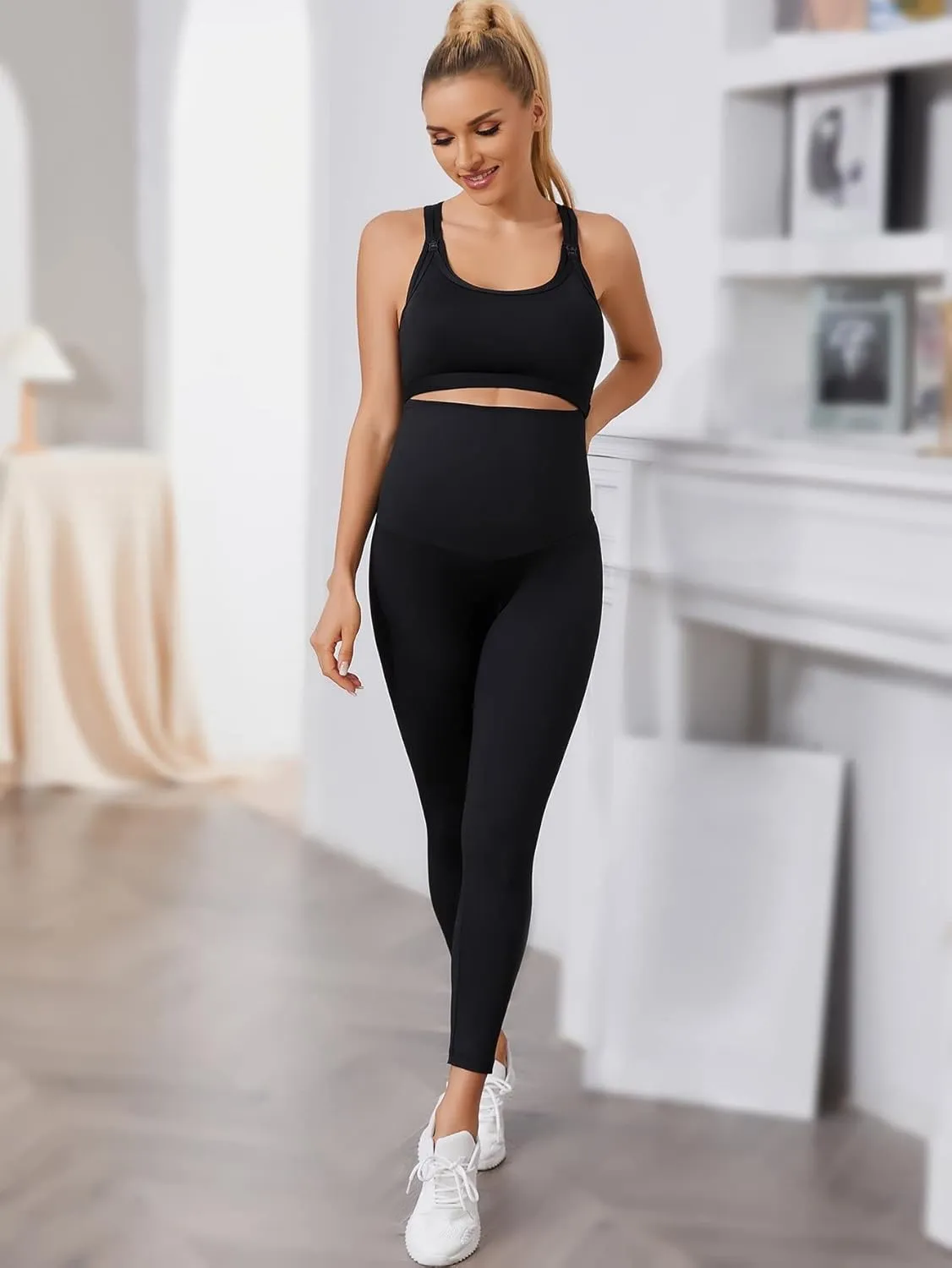 Floerns Women's Maternity 2 Piece Outfit Scoop Neck Crop Tank Top Legging Set